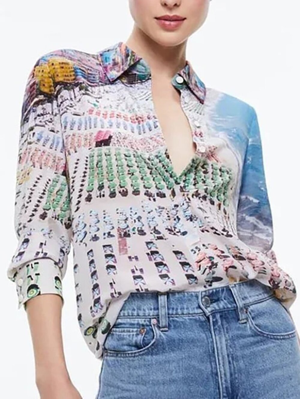 Alice + Olivia Willa Whispering Waves Silk Shirt Blouse Beach Ocean Sea M